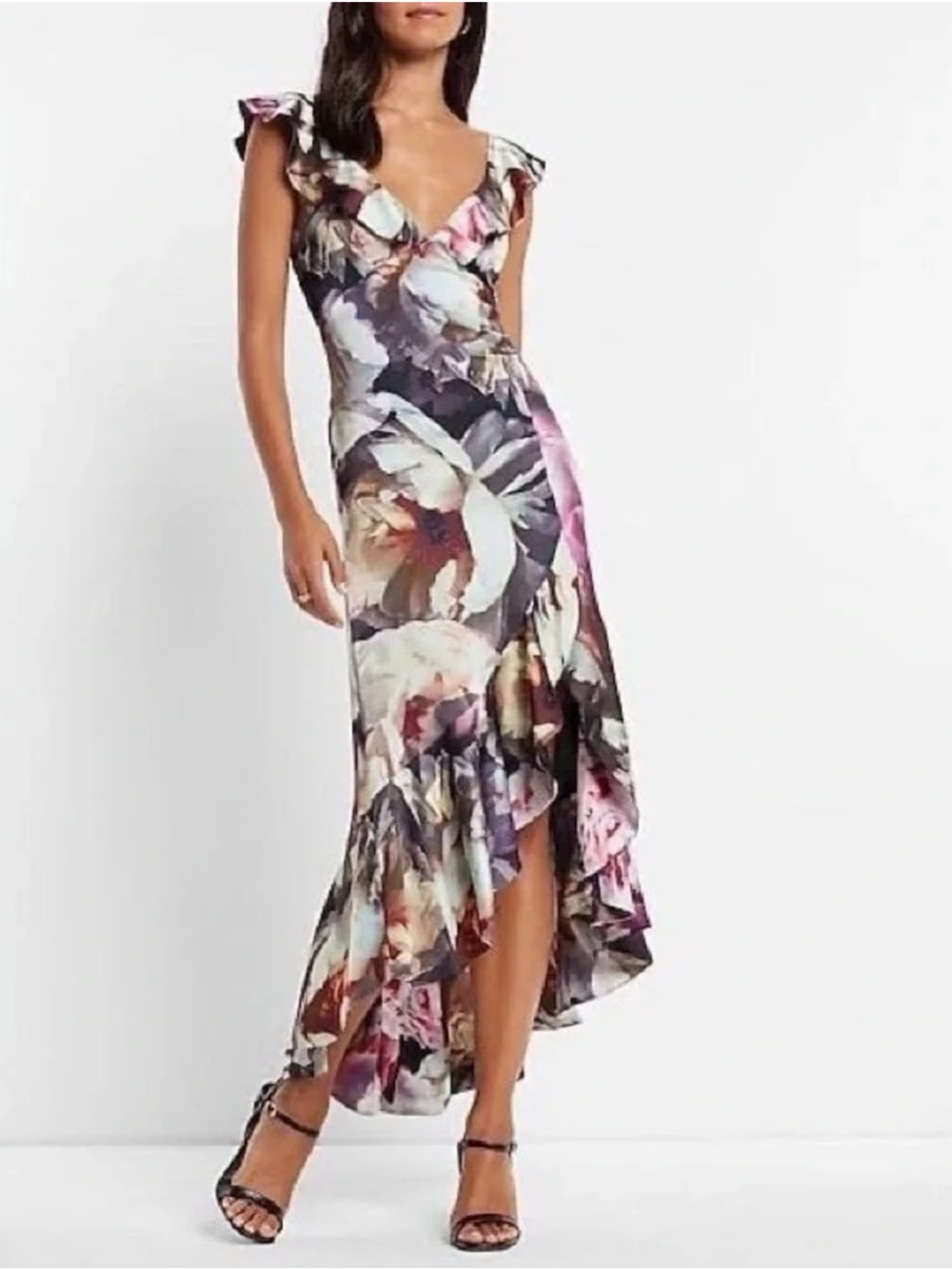 EXPRESS Floral Ruffle High-Low Maxi Dress Romantic Dark Floral - FLAWS - Size 8